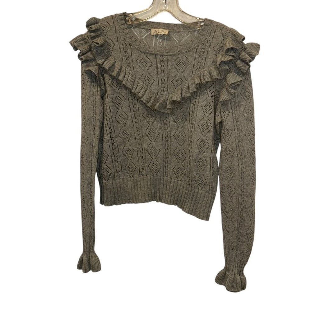 ALPACA Loveshackfancy gray crochet knit ruffle trim sweater S ASNEW CONDITION